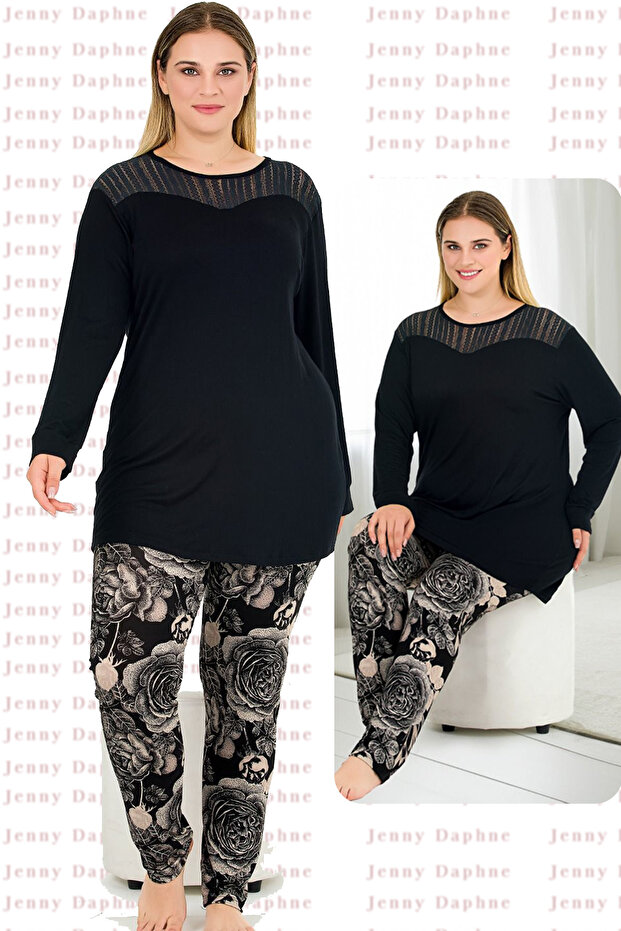 Floral print soft pajamas and long sleeve lace shoulder big size viscose pajama set 11390