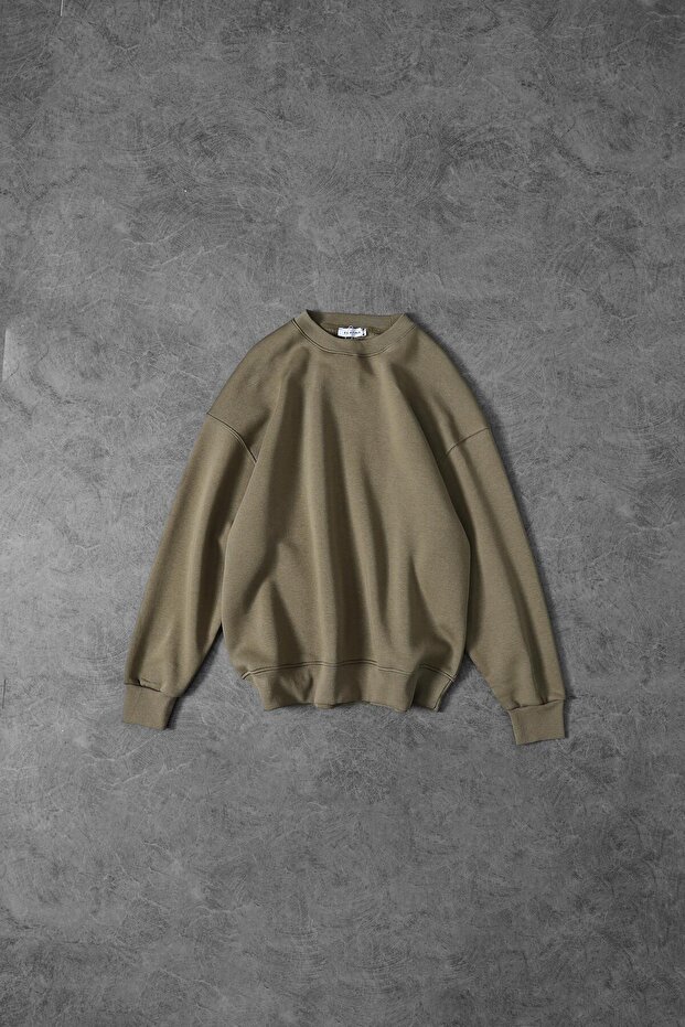 Erkek Haki Basic Bisiklet Yaka Oversize Sweatshirt - 1
