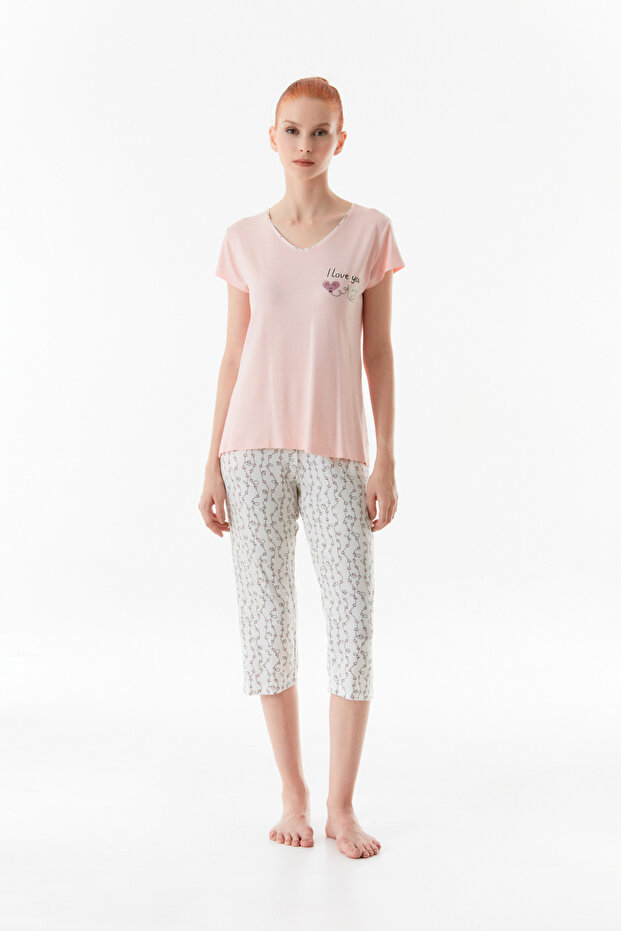 Kalp Desenli Bisiklet Yaka Pijama Takımı - 1