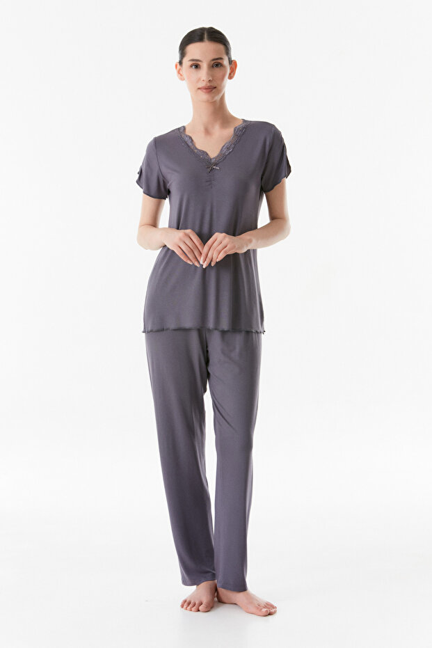 V-Neck Lace Basic Pajama Set - 2