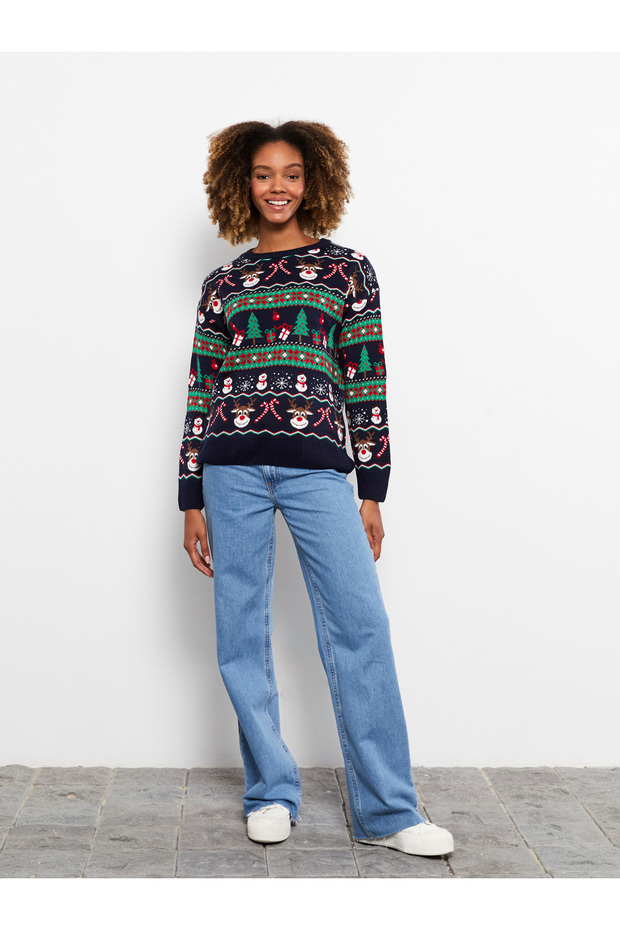 Bisiklet Yaka Yılbaşı Temalı Uzun Kollu Kadın Triko Kazak - 6