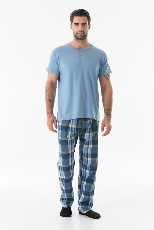 طقم بيجامة منقوشة بأزرار - 1