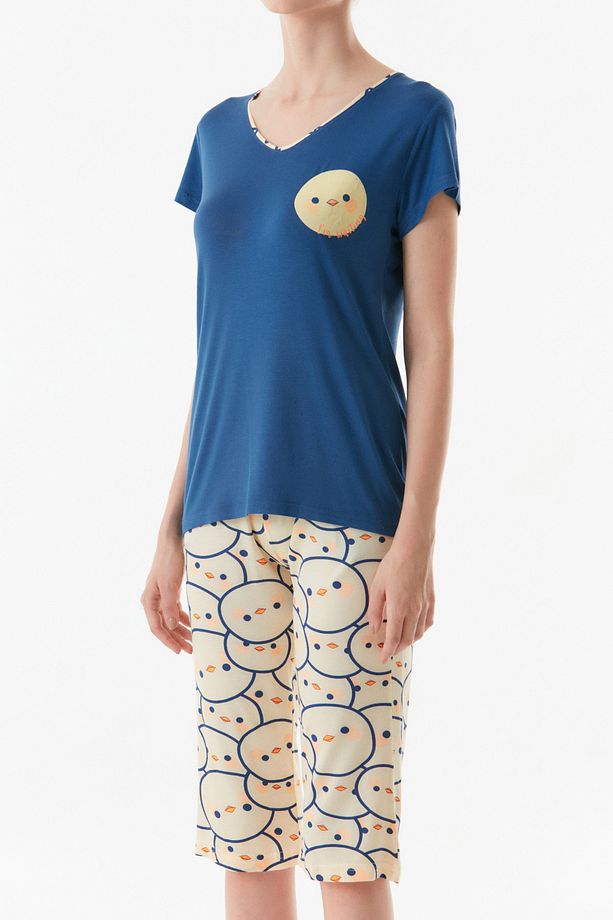 Civciv Baskılı Bisiklet Yaka Pijama Takımı - 7