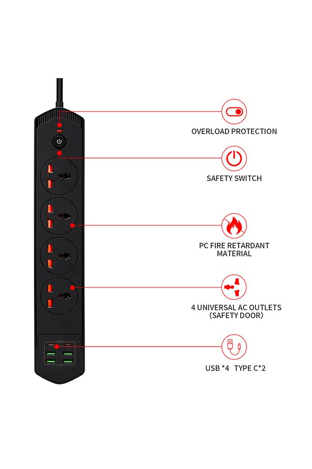 Aşırı yük koruması evrensel 4AC çıkışları, 2 tip-c şarj ile çoklu USB güç soketi priz - 4