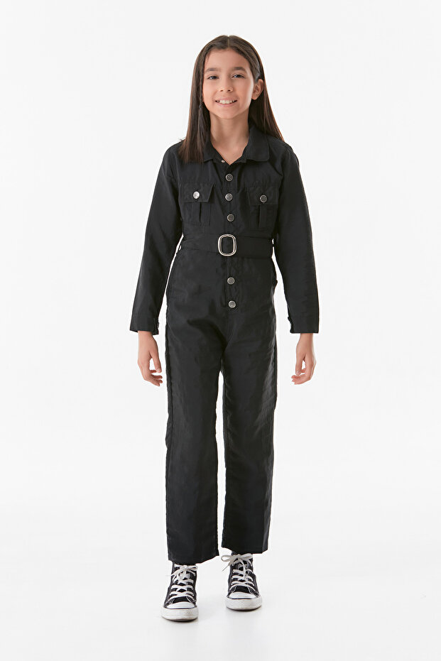 Parachute Fabric Belted Girls' Jumpsuit