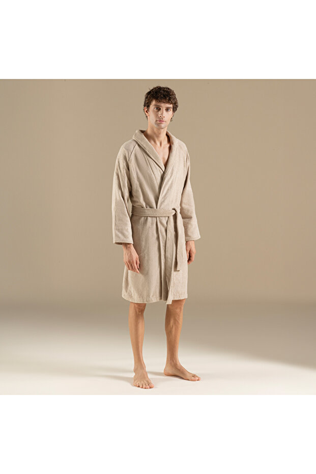 Solid Unisex Bornoz Koyu Bej - 5