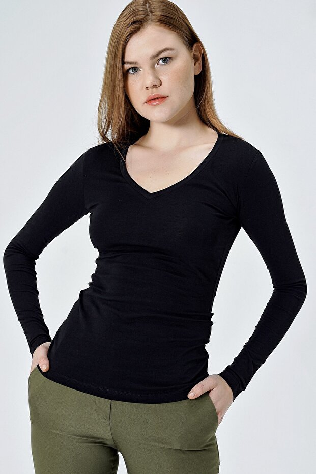 V-Neck Long Sleeve Cotton Lycra Bodysuit-Black