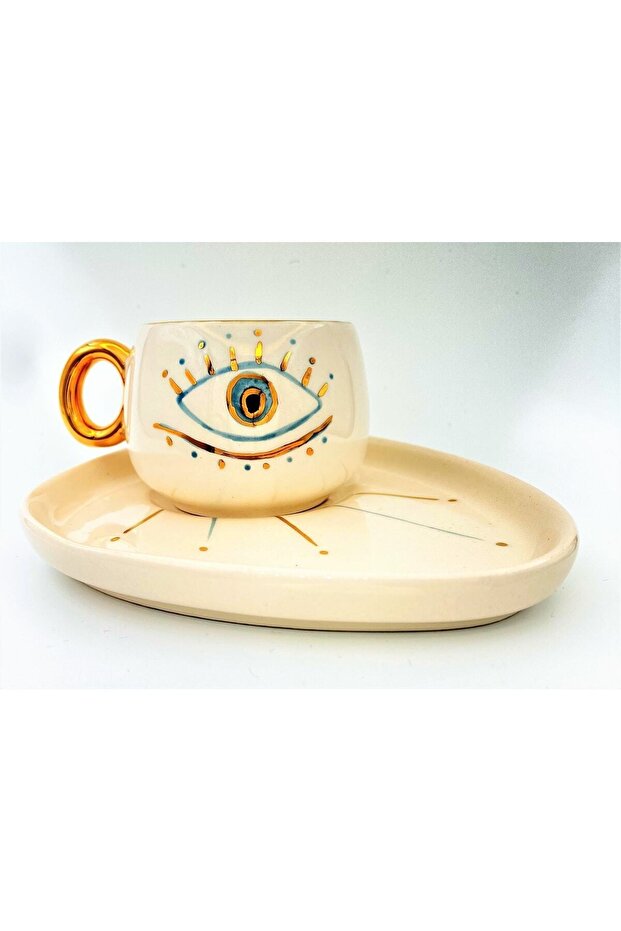24 Carat Gold Embroidered Eye Figure Handmade Turkish Coffee Cup 90 ml