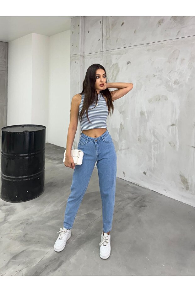 Jeansy damskie Mom Jeans z wysokim stanem i elastycznym/Lycra - 7