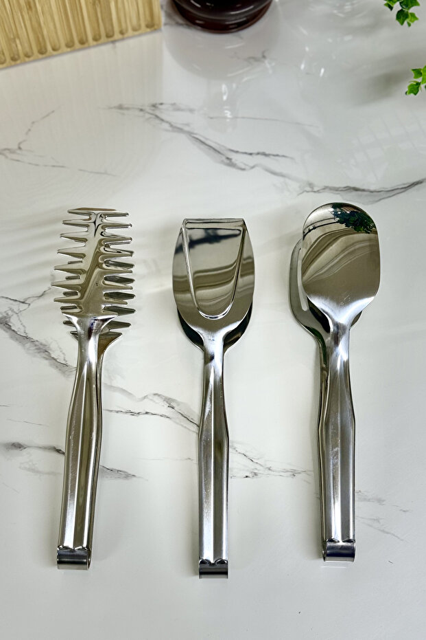 3 Lü Paslanmaz Çelik Servis Maşa Seti - 4