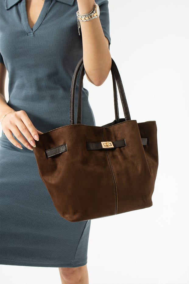 Brown Suede Nubuck Faux Leather Magnet Closure Cross Strap Women's Hand and Shoulder Bag 570