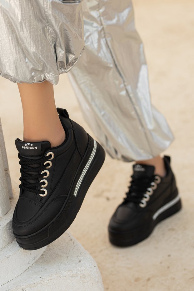 Hidden Wedge Heel Thick Sole Rhinestone Lace-Up Women's Black Sneakers Sneakers Robin