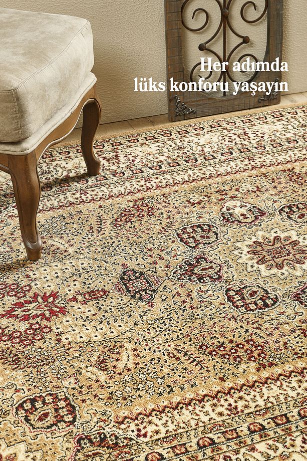 İran Tarzı Barok Süslemeli Bej Toz Vermez Oturma Odası ve Salon Halısı Sık Dokuma - 2