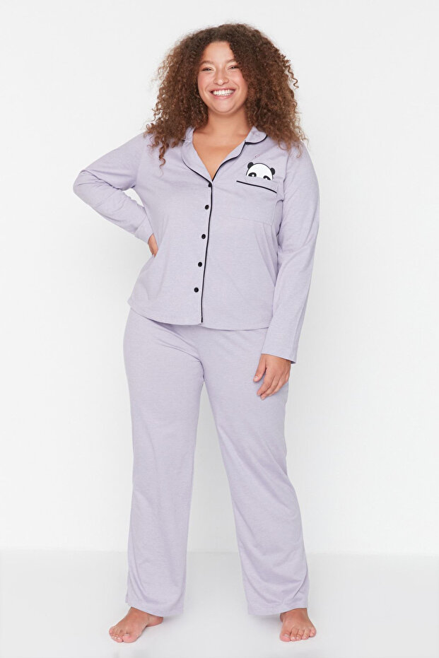 Zestaw piżam z dzianiny w kolorze liliowym z nadrukiem pandy i kołnierzykiem - TBBAW23AI00012 - 1