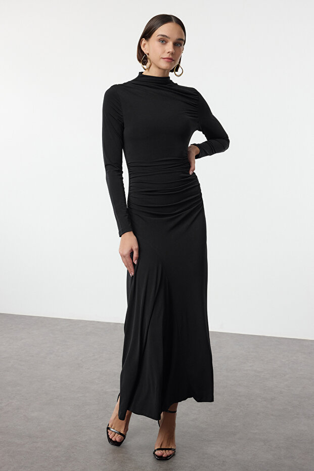 Siyah Fitted/Vücuda Oturan Dik Yaka Uzun Kollu Esnek Maxi Örme Elbise TWOAW25EL00099 - 1