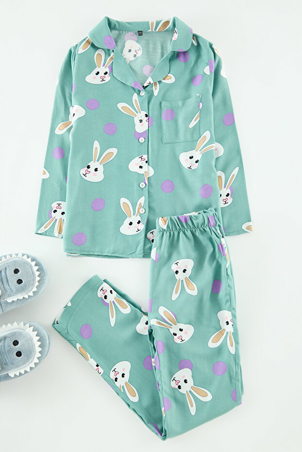 Çok Renkli Tavşan Desenli Kız Çocuk Mini Me Anne Kız Pijama Takımı Alt Üst Takım TKDAW25PT00011 - 2