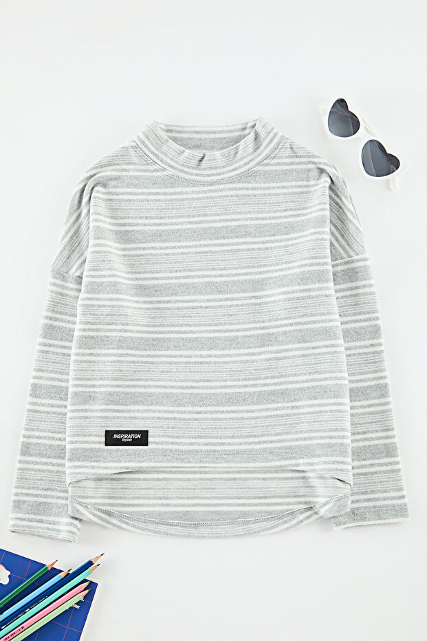 Gri Melanj Kız Çocuk Çizgili Triko T-Shirt TKDAW25TS00016 - 1