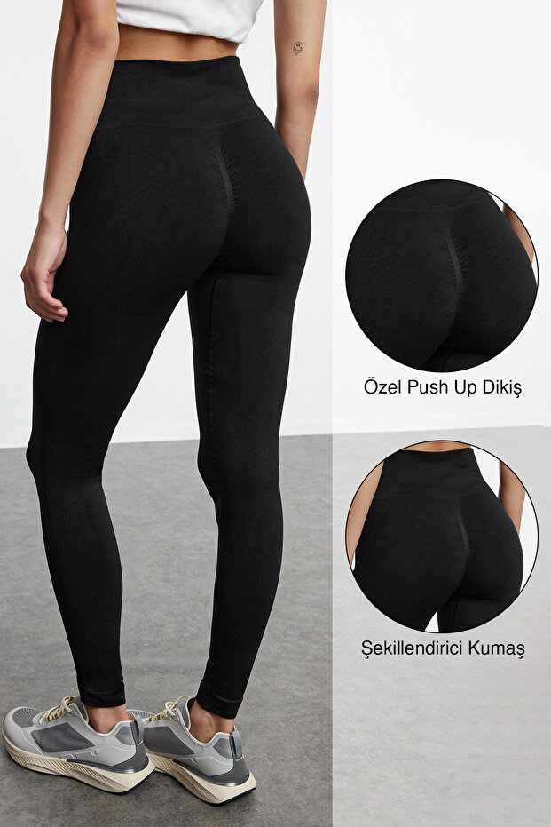 Siyah Seamless/Dikişsiz Push Up Tam Boy Örme Spor Tayt THMAW25TY00003 - 1