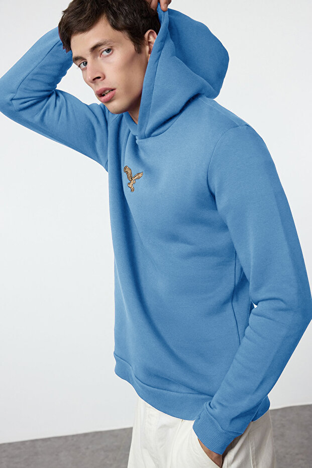 Mavi Regular/Normal Kesim Hayvan Nakışlı İçi Polarlı Kapüşonlu Sweatshirt TMNAW25SW00094 - 3