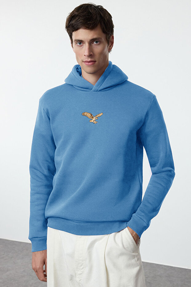 Mavi Regular/Normal Kesim Hayvan Nakışlı İçi Polarlı Kapüşonlu Sweatshirt TMNAW25SW00094 - 2