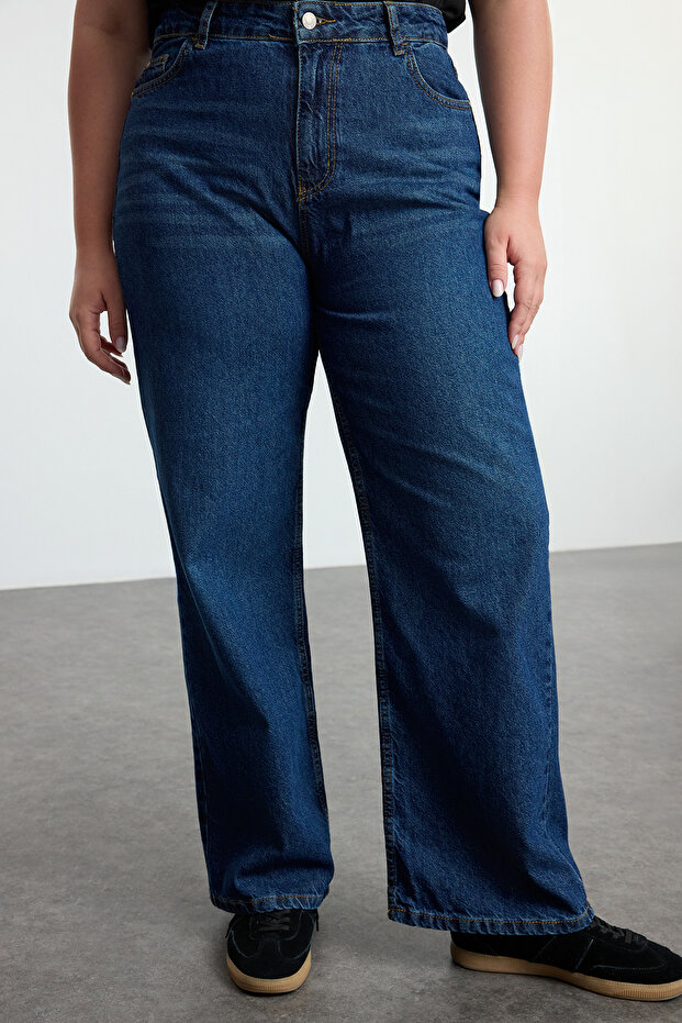 Koyu Mavi Yüksek Bel Vintage Yıkama Straight Fit %100 Pamuk Non-Stretch Jeans TBBSS24CJ00042 - 3