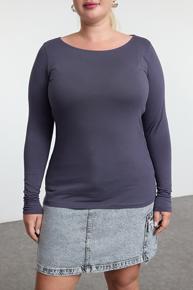 Nagy méretű szürke pamut póló - hosszú ujjú, alakformáló TBBAW25BF00000 - 3