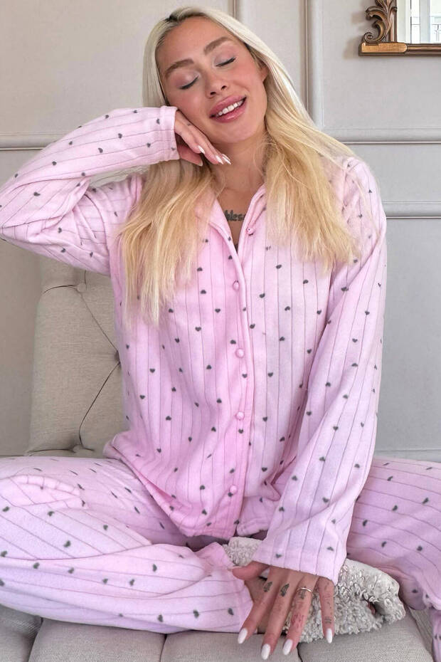 Light Pink Heart Patterned Front Buttoned Plush Fleece Pajama Set