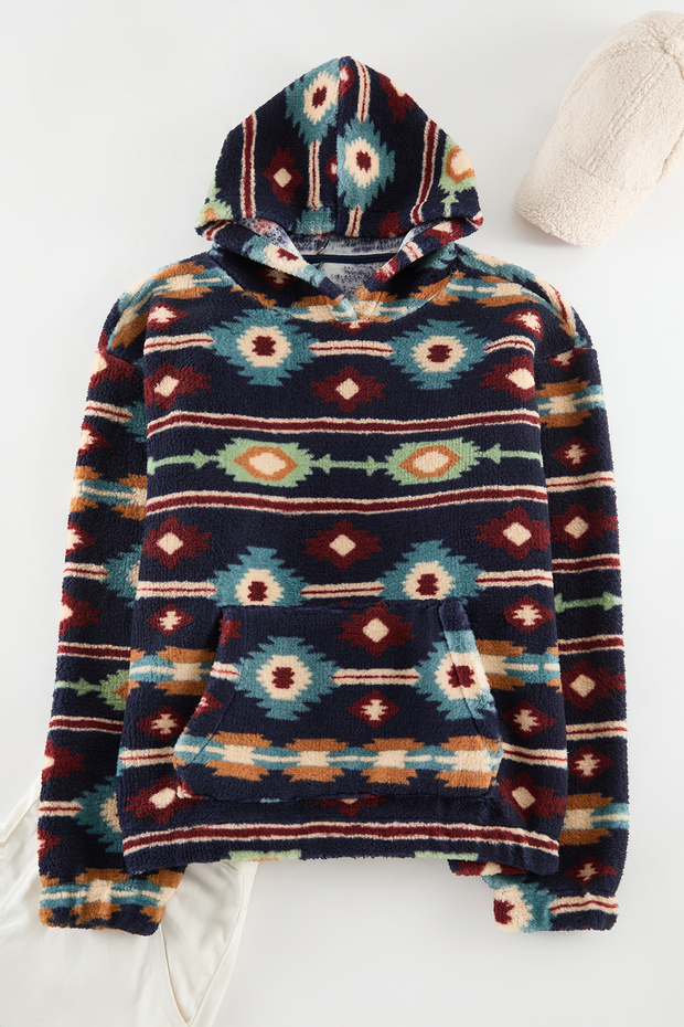 Lacivert Unısex Oversize/Geniş Kesim Desenli Şerpa Polar/Peluş Kapüşonlu Sweatshirt TMNAW25SW00147 - 6