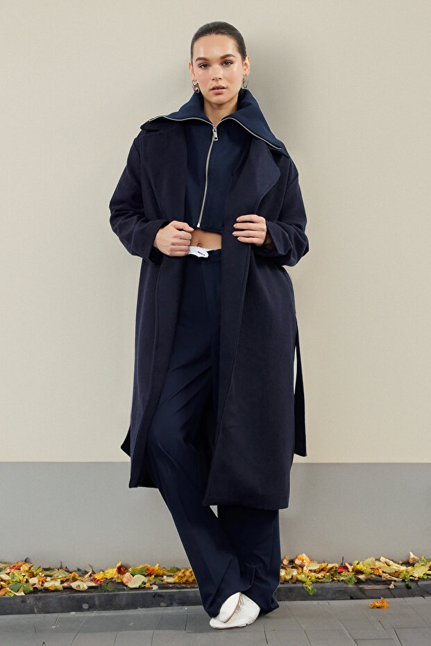 Navy Blue Oversize Knitwear Wool Coat - Detachable Inside, TWOAW25KB00021