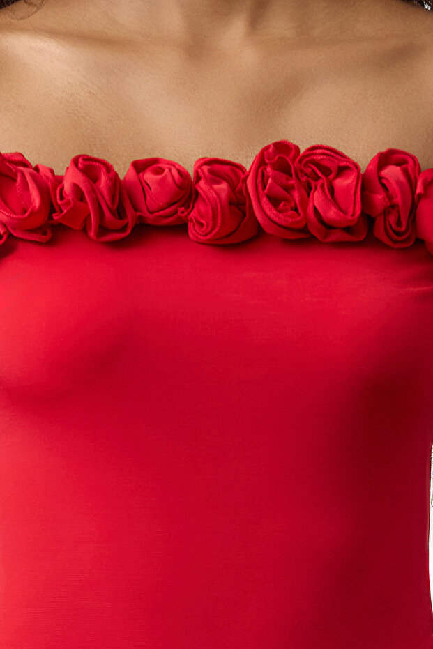 Kırmızı Gül Detaylı Örme Body TPRAW25BD00015 - 4