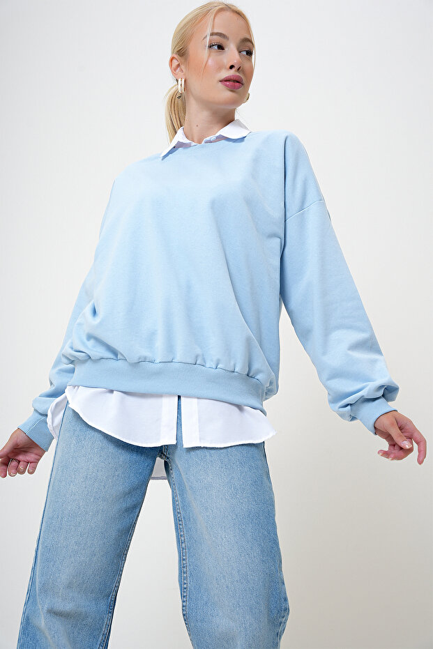 Kadın Mavi Bisiklet Yaka Oversize Basic Sweatshirt PRM1046 - 2