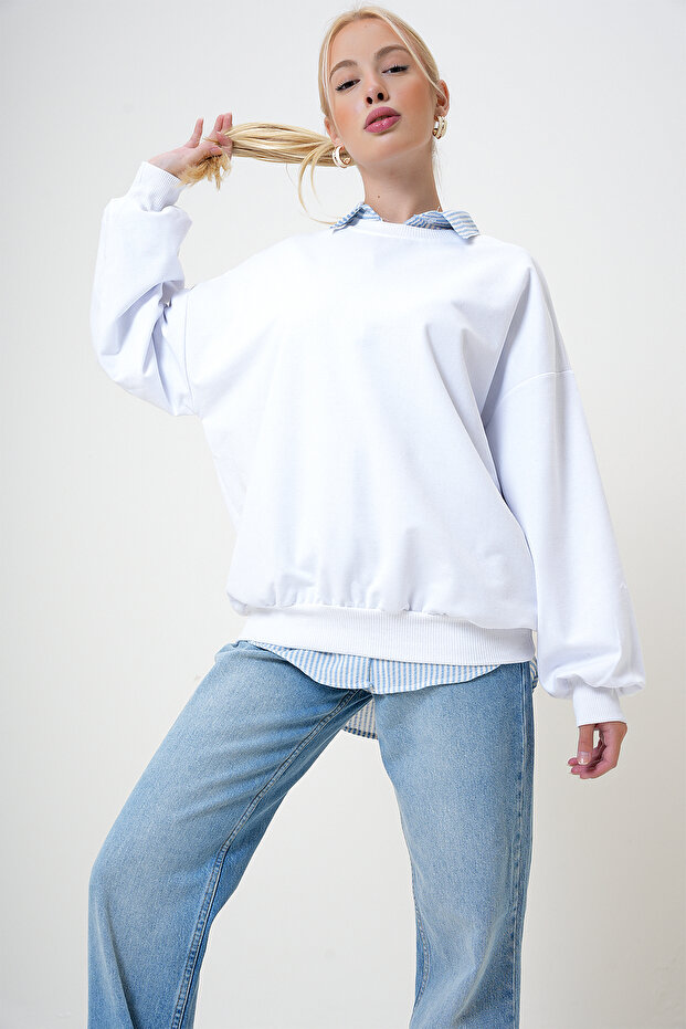 Kadın Ekru Bisiklet Yaka Oversize Basic Sweatshirt PRM1046 - 2