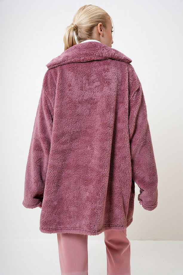 Kadın Gül Kurusu Çift Cepli Önü Düğmeli Oversize Peluş Ceket Prm1104 - 5