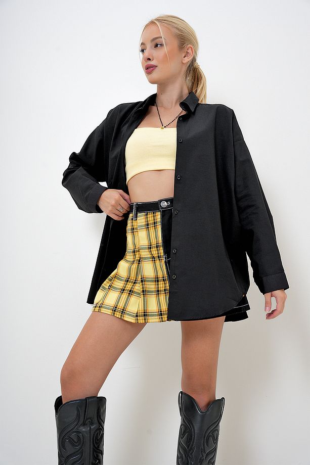 Kadın Siyah Oversize Uzun Basic Dokuma Gömlek PRM1098 - 3