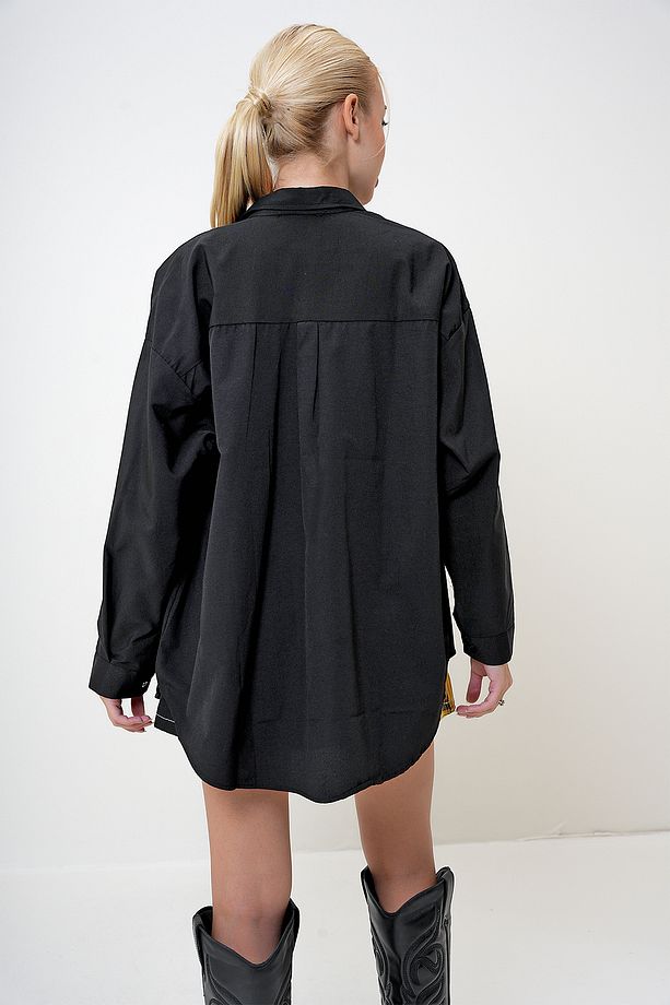 Kadın Siyah Oversize Uzun Basic Dokuma Gömlek PRM1098 - 6