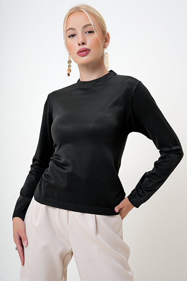 Kadın Siyah Bisiklet Yaka Basic Bluz PRM1064 - 5