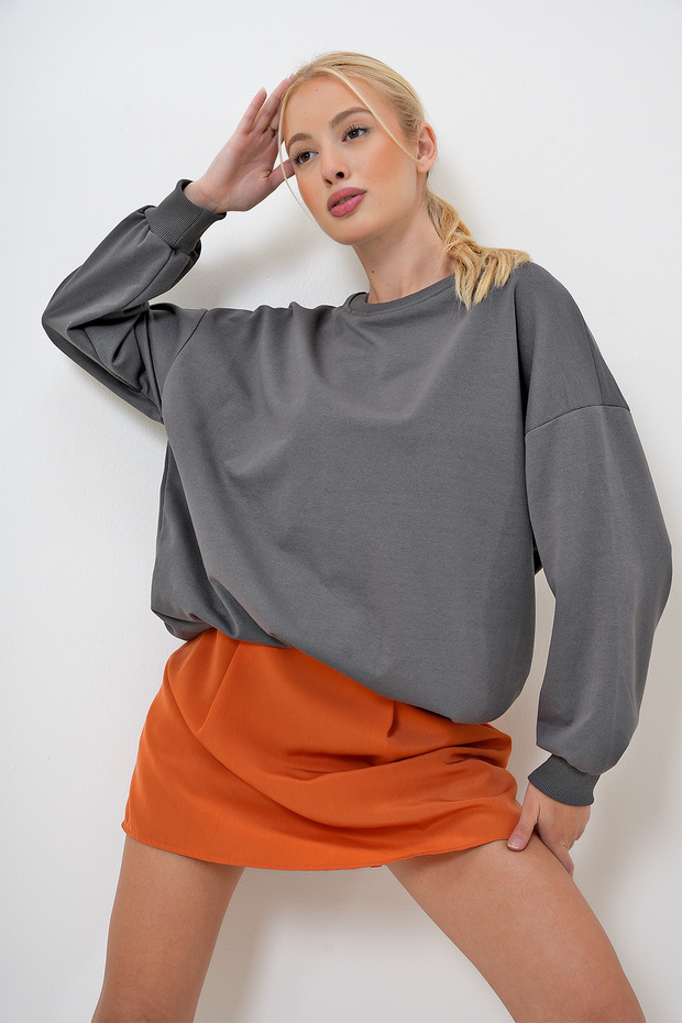 Kadın Antrasit Bisiklet Yaka Oversize Basic Sweatshit PRM1053 - 4