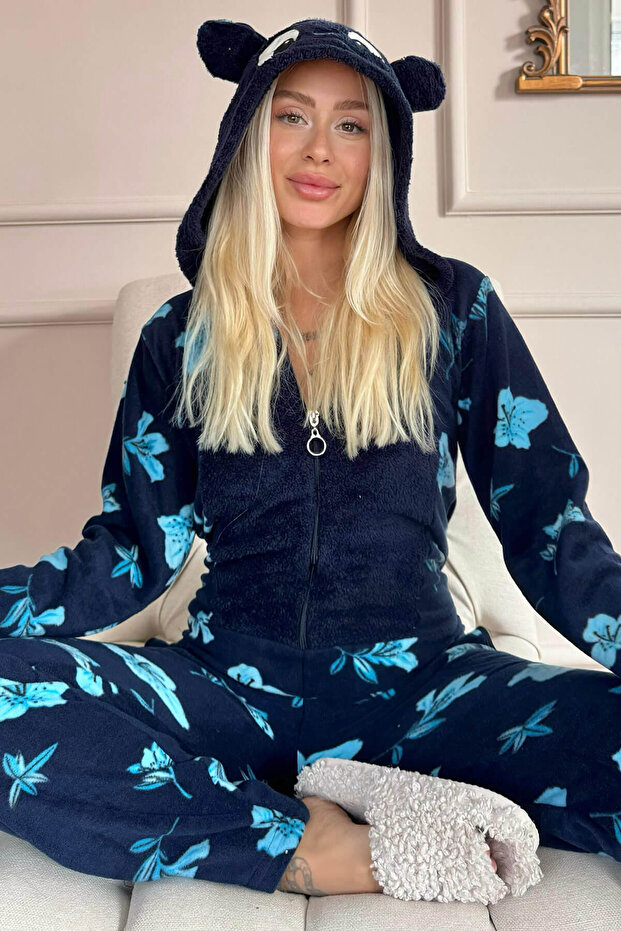 Navy Blue Palmate Patterned Women's Fleece Plush Jumpsuit Pajamas