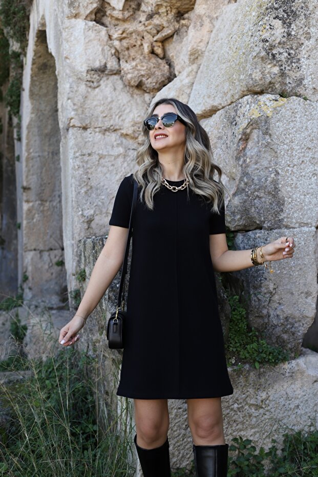 Black Collar Detail Short Sleeve Knitwear Dress
