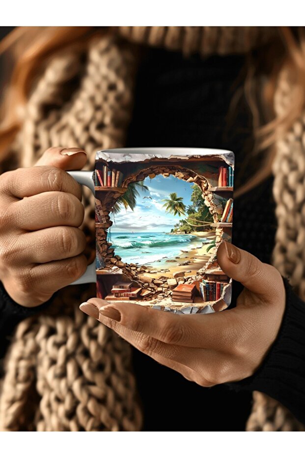 كوب سيراميك بتصميم ثلاثي الأبعاد مطبوع عليه مكتبة خزانة الكتب - كوب هدية