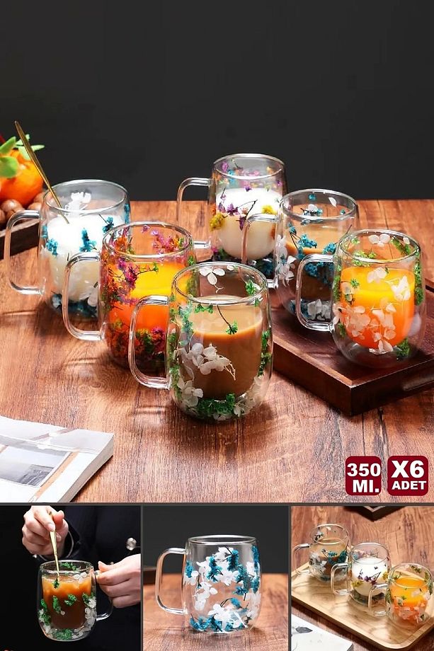 6lı Çiçekli Bardak 350 ml Cup Çiçekli Çift Çidarlı Flower El Yapımı Borosilikat  Kulplu Kahve Sunum - 1