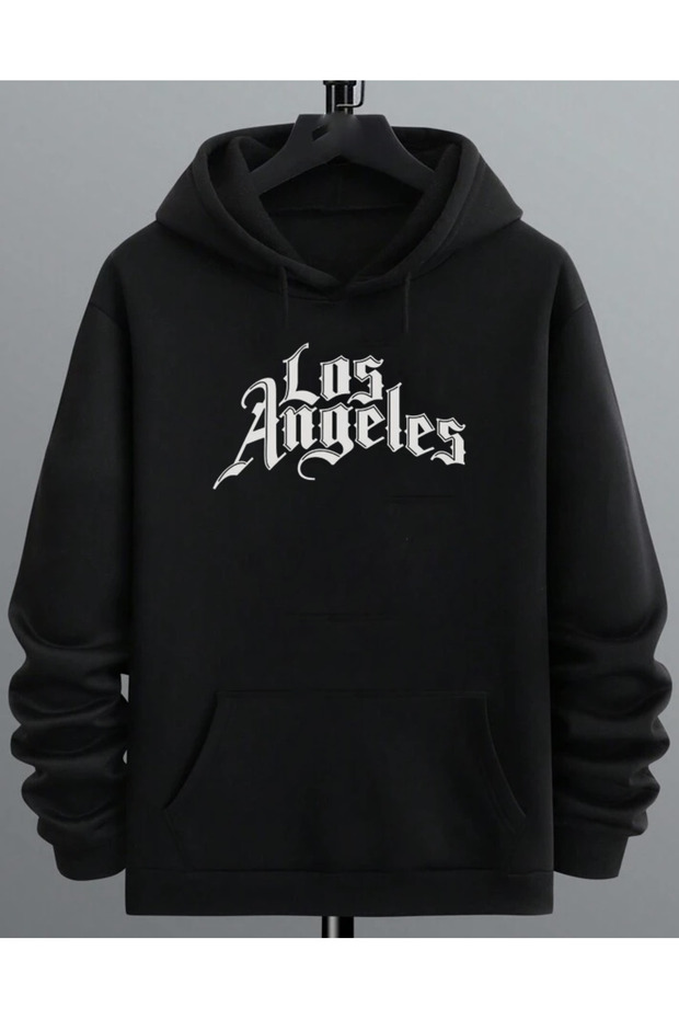 سويت شيرت أسود بقلنسوة للجنسين بتصميم LOSANGELESS كبير الحجم
