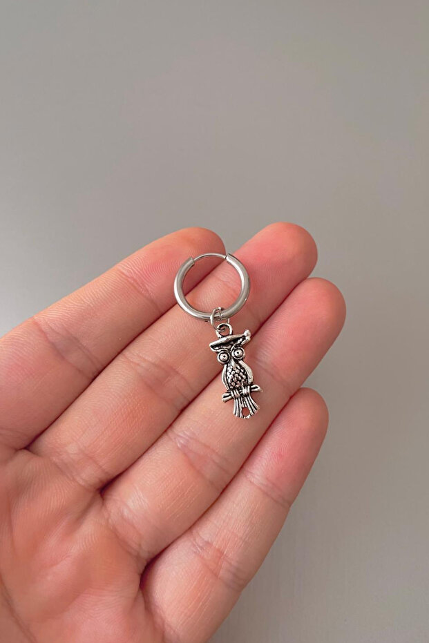 Unisex Gray Owl Figured Dangle Steel Hoop Earrings