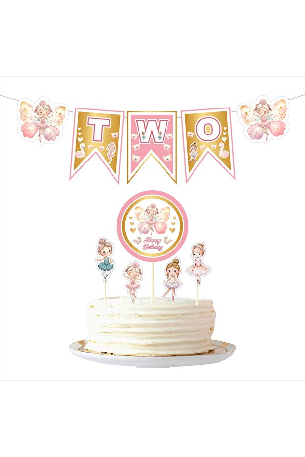 Ballerina 2 Year Old Birthday Flag - Cake Decoration Set