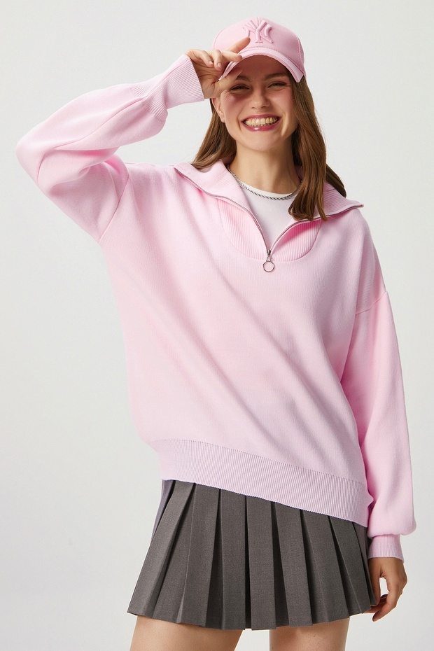 Kadın Bruno Basic Fermuarlı Pembe Kazak - 3