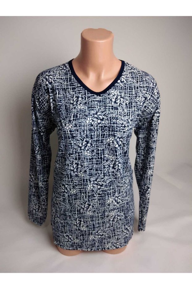 Women's Navy Blue Print V-Neck Long Sleeve Seasonal Suede Mother Combed Cotton T-Shirt Blouse with Slits on the Sides