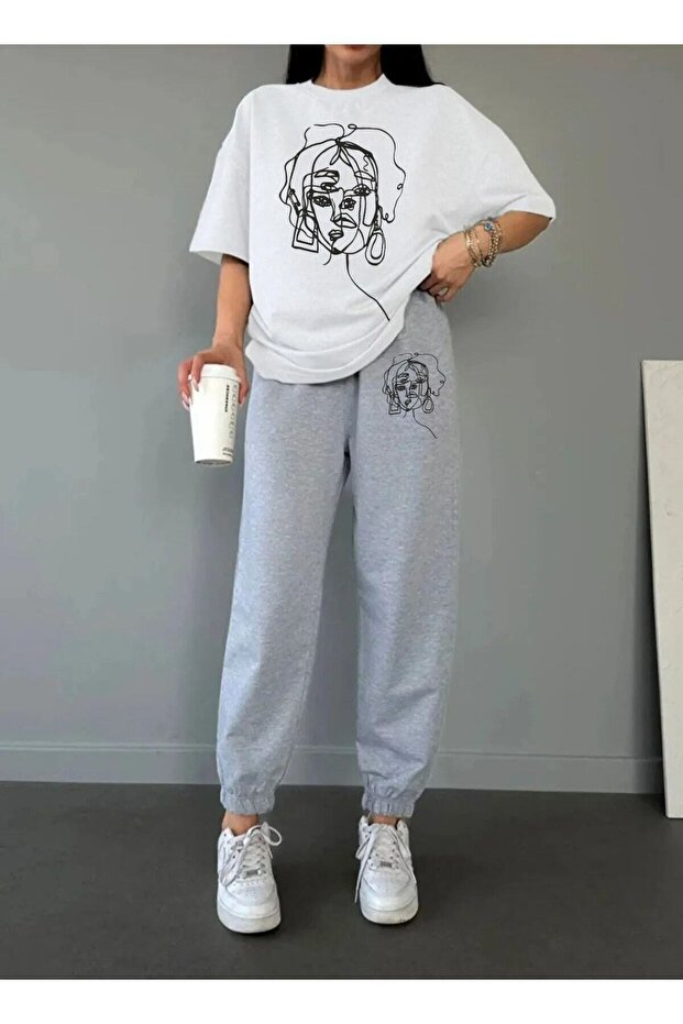 Women's Aesthetic Tracksuit Set - Drawing Printed T-shirt and Sweatpants