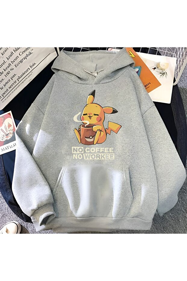 Pikachu Coffee Sweatshirt - Gray Printed Oversized Hoodie with Raised Letters