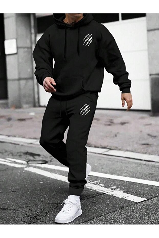 3 Thread Claw Print Sweatshirt Sweatpants Jogger - Black Printed Top and Bottom Tracksuit Set with Hood