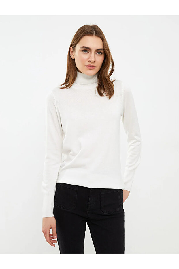 LCWAIKIKI Basic Ekru Balıkçı Yaka Düz Uzun Kollu Kadın Triko Kazak - 3